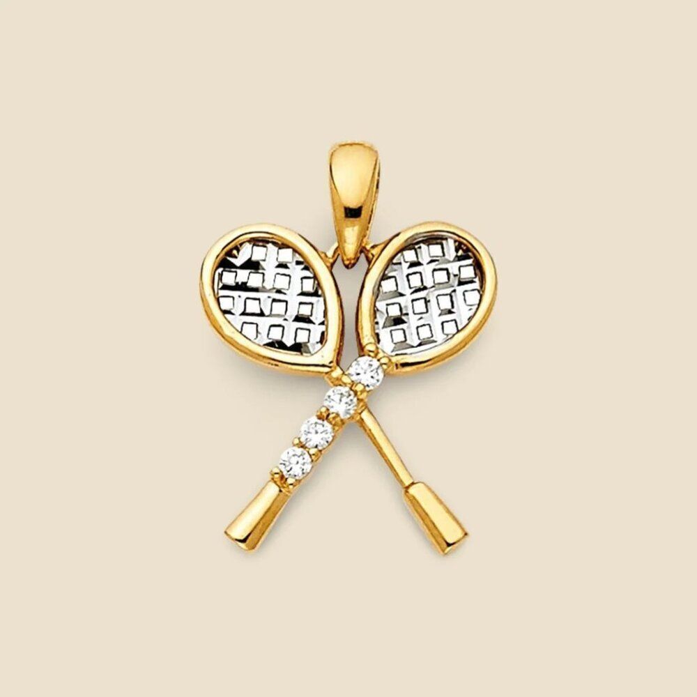 14k Solid Gold Tennis Racquet Pendant 14g TwoTone